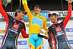 The final overall podium of Paris-Nice 2010: Sanchez, Contador, Valverde